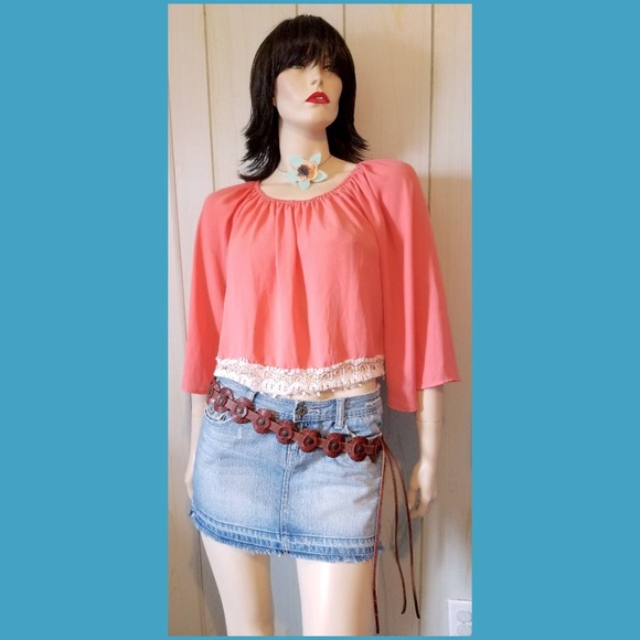 Boho Babe Vintage Retro Coral Chiffon Bell Sleeve Crochet Crop Top - Picture 4 of 8